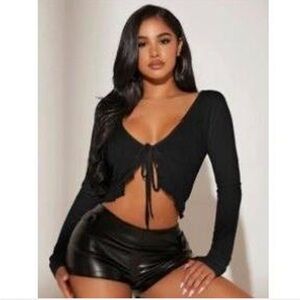 Black Long Sleeve Tie-Front Top